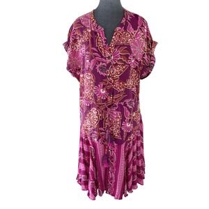 Purple Floral Boho Festival Mini Dress Button Front Tassel Drawstring Waist L